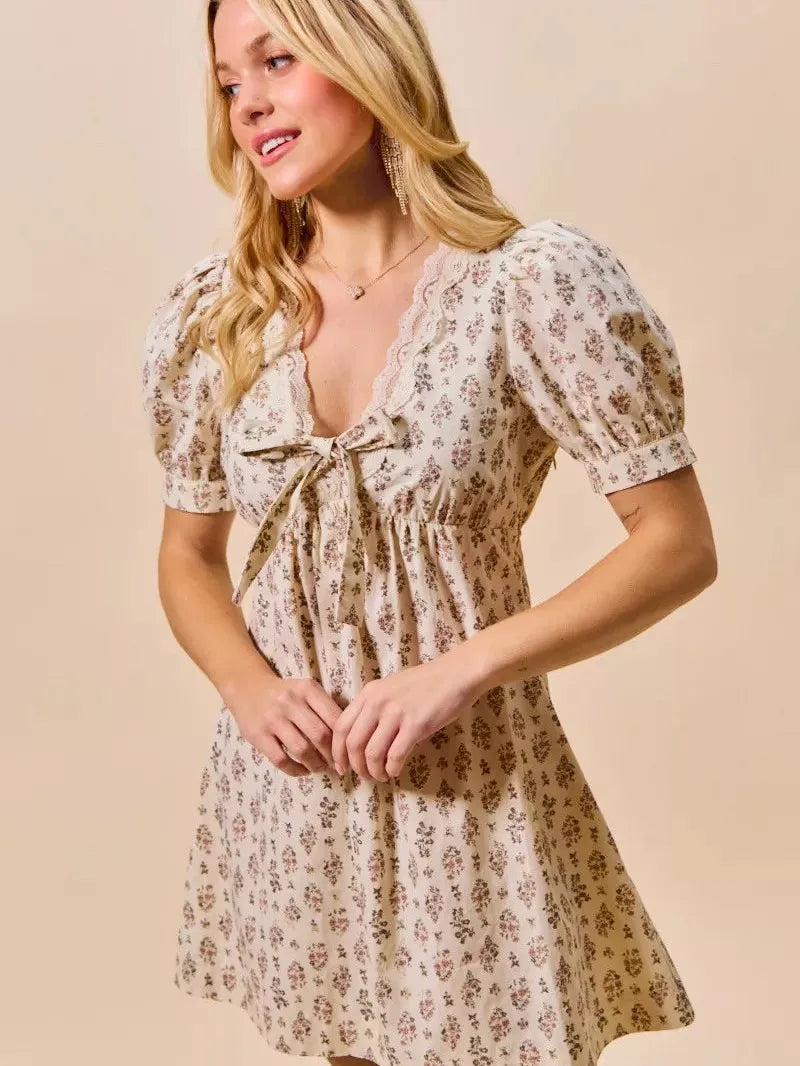 So Me Softly Ever After Floral Print Lace Mini Dress with Bow-Women's Dresses-Shop Z & Joxa