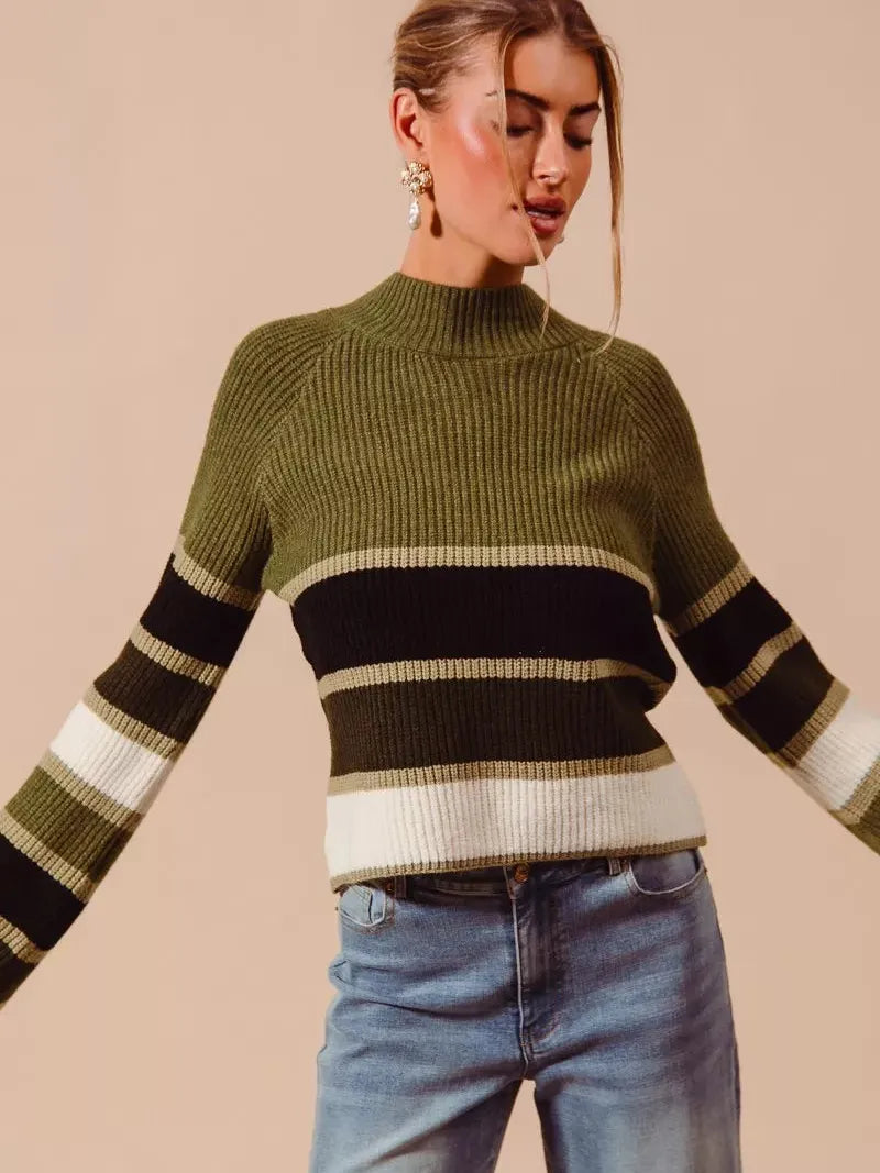 So Me Stripe Me Happy Striped Mock Neck Sweater-Women's Shirts & Tops-Shop Z & Joxa