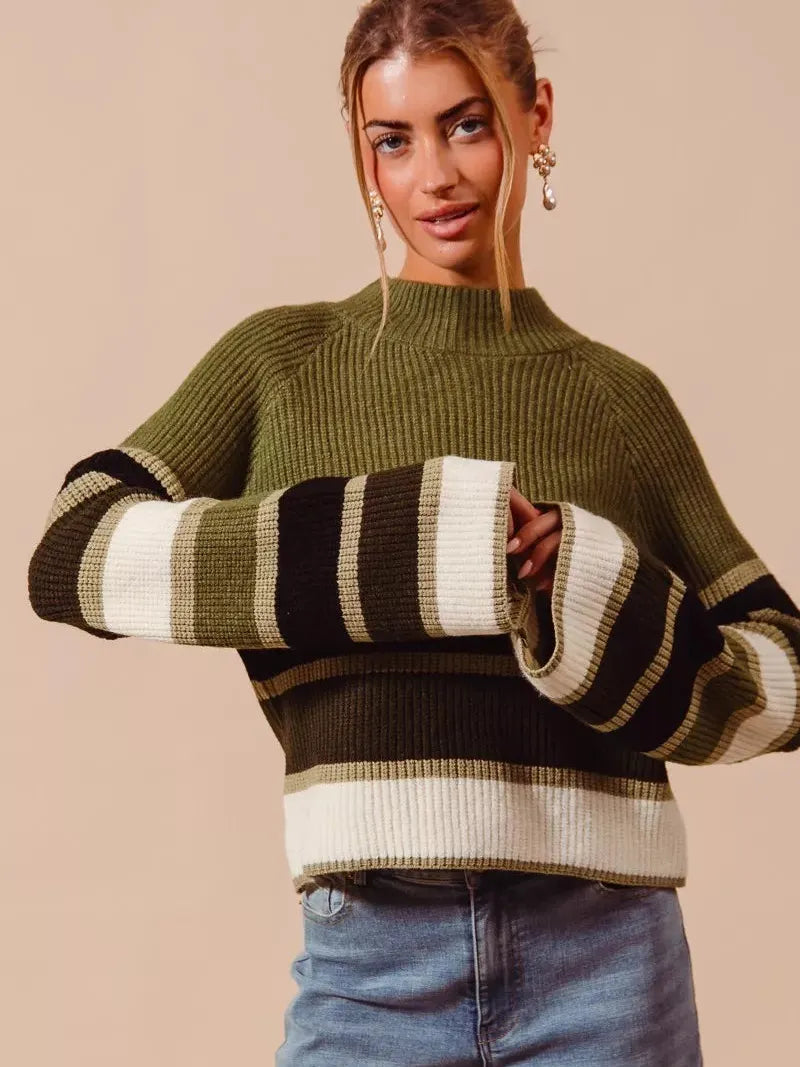 So Me Stripe Me Happy Striped Mock Neck Sweater-Women's Shirts & Tops-Shop Z & Joxa