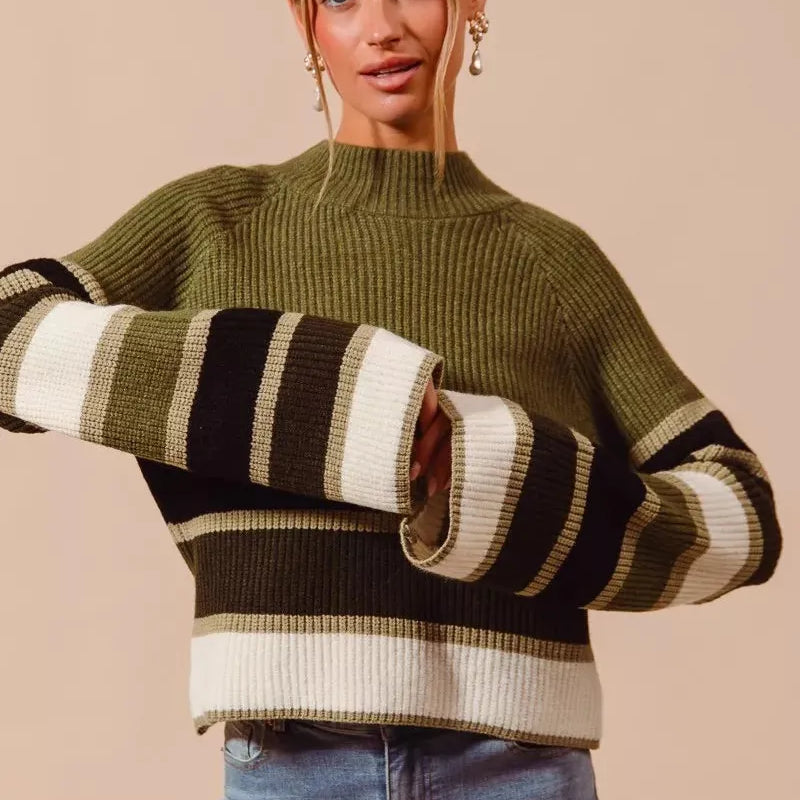 So Me Stripe Me Happy Striped Mock Neck Sweater-Women's Shirts & Tops-Shop Z & Joxa