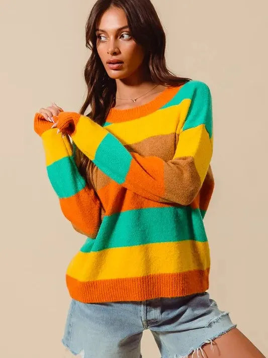 So Me Stripe and Shine Multi Color Stripe Sweater with Ribbed Detail-Women's Shirts & Tops-Shop Z & Joxa
