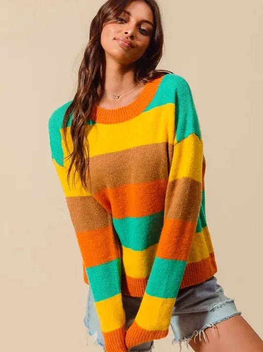 So Me Stripe and Shine Multi Color Stripe Sweater with Ribbed Detail-Women's Shirts & Tops-Shop Z & Joxa
