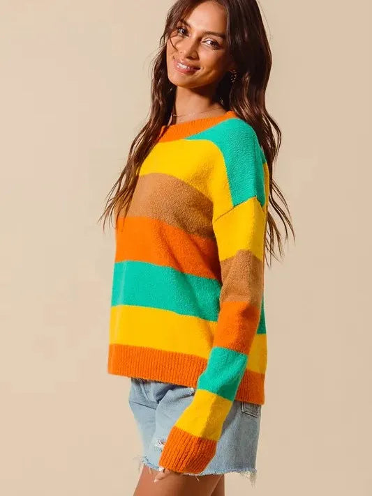 So Me Stripe and Shine Multi Color Stripe Sweater with Ribbed Detail-Women's Shirts & Tops-Shop Z & Joxa