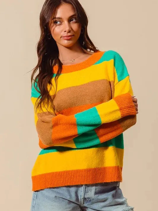 So Me Stripe and Shine Multi Color Stripe Sweater with Ribbed Detail-Women's Shirts & Tops-Shop Z & Joxa