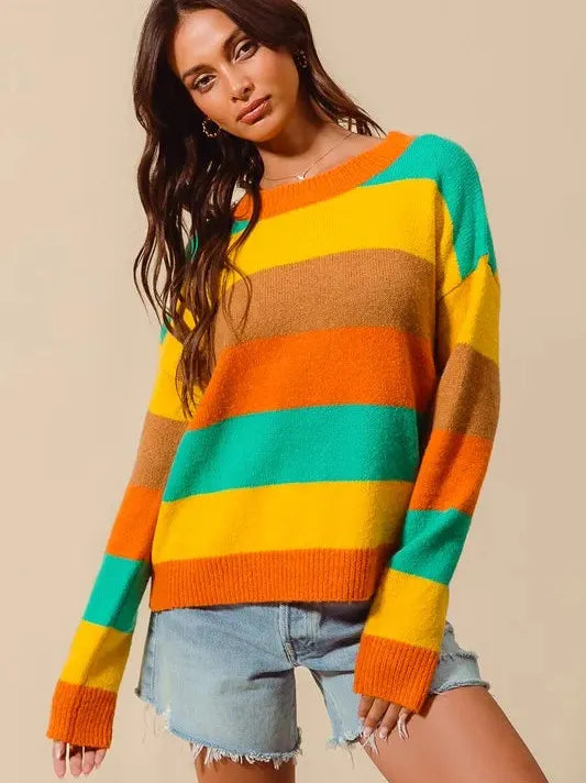 So Me Stripe and Shine Multi Color Stripe Sweater with Ribbed Detail-Women's Shirts & Tops-Shop Z & Joxa