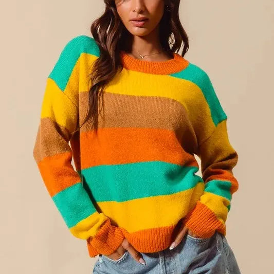 So Me Stripe and Shine Multi Color Stripe Sweater with Ribbed Detail-Women's Shirts & Tops-Shop Z & Joxa