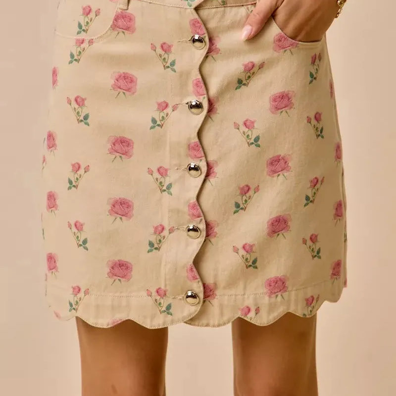 So Me Sweet Scallop Pink Floral Washed Denim Mini Skirt-Women's Skirts & Skorts-Shop Z & Joxa