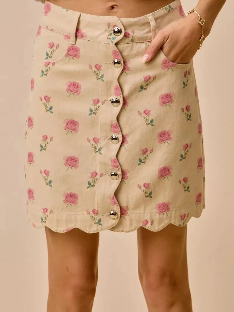 So Me Sweet Scallop Pink Floral Washed Denim Mini Skirt-Women's Skirts & Skorts-Shop Z & Joxa