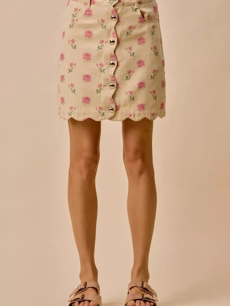 So Me Sweet Scallop Pink Floral Washed Denim Mini Skirt-Women's Skirts & Skorts-Shop Z & Joxa