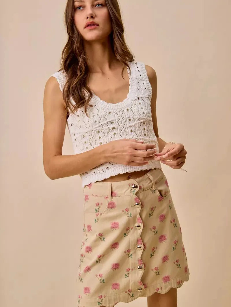 So Me Sweet Scallop Pink Floral Washed Denim Mini Skirt-Women's Skirts & Skorts-Shop Z & Joxa