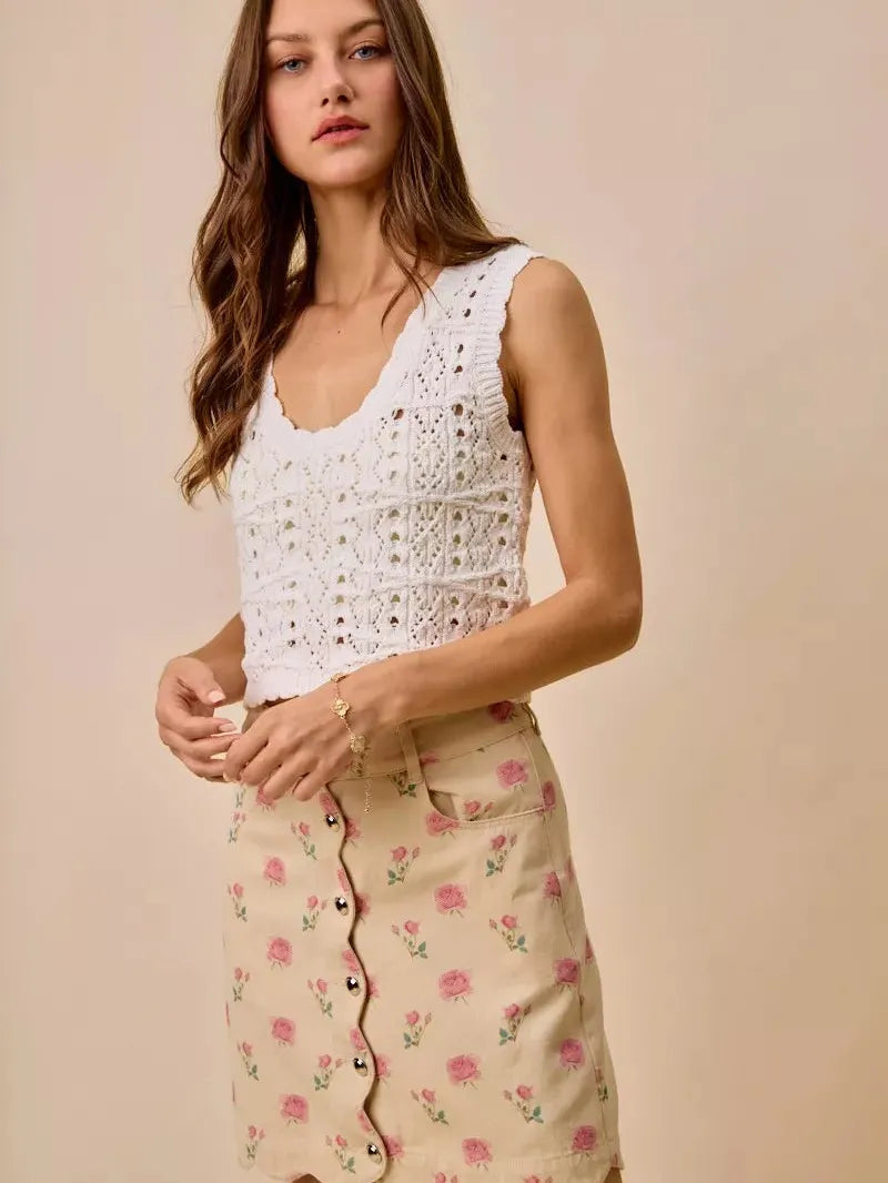So Me Sweet Scallop Pink Floral Washed Denim Mini Skirt-Women's Skirts & Skorts-Shop Z & Joxa