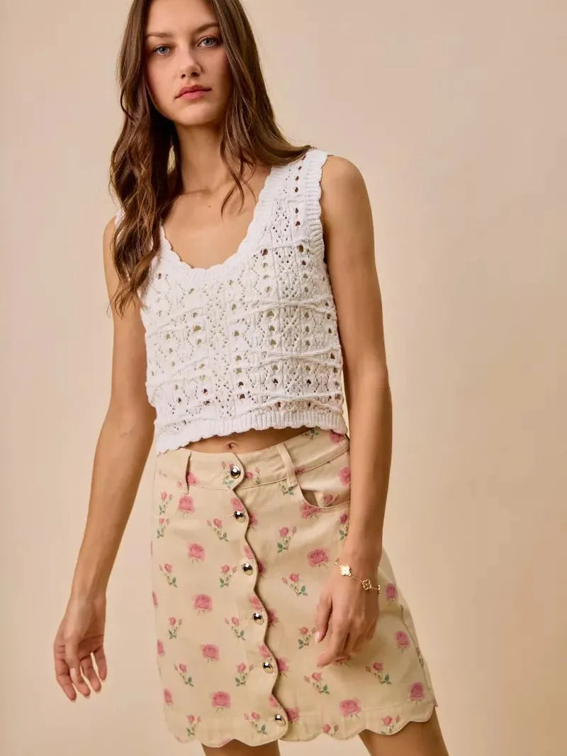 So Me Sweet Scallop Pink Floral Washed Denim Mini Skirt-Women's Skirts & Skorts-Shop Z & Joxa