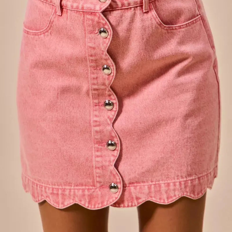 So Me Sweet Scallop Vintage Pink Washed Denim Mini Skirt-Women's Skirts & Skorts-Shop Z & Joxa