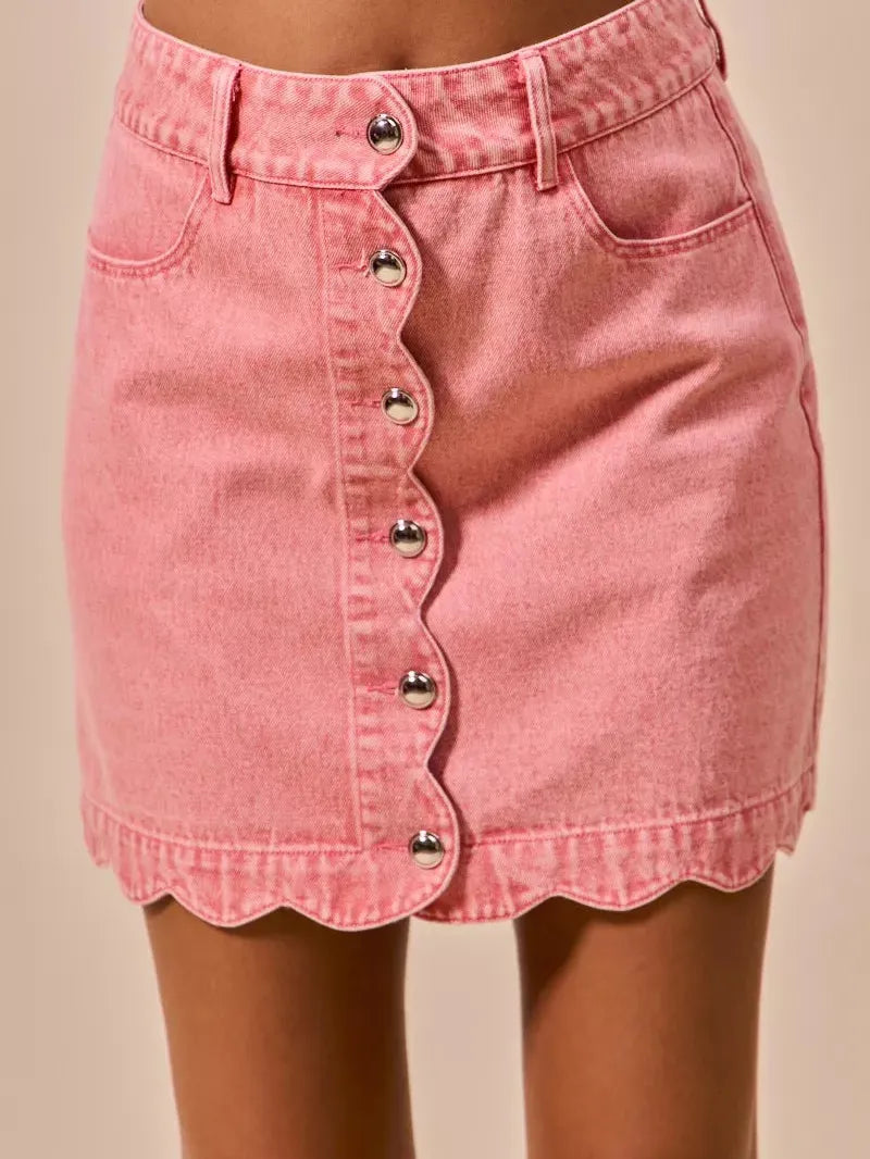 So Me Sweet Scallop Vintage Pink Washed Denim Mini Skirt-Women's Skirts & Skorts-Shop Z & Joxa