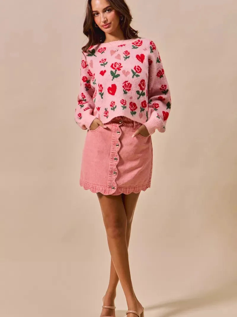 So Me Sweet Scallop Vintage Pink Washed Denim Mini Skirt-Women's Skirts & Skorts-Shop Z & Joxa