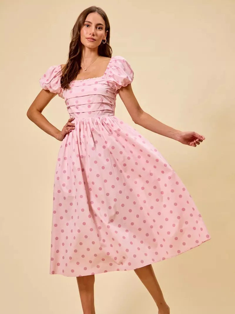 So Me Sweet Spot Polka Dot Print Short Sleeves Cotton Midi Dress-Women's Dresses-Shop Z & Joxa