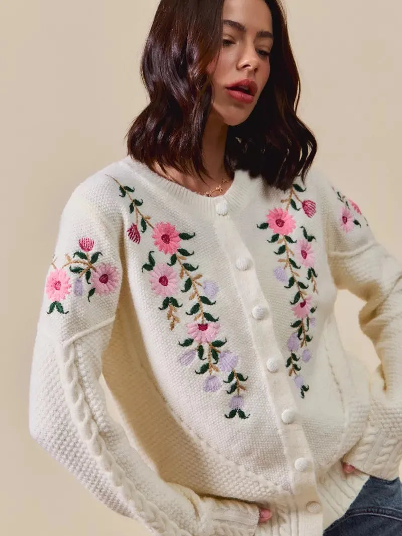 So Me Sweetly Stitched Floral Embroidered Sweater Cardigan-Women's Shirts & Tops-Shop Z & Joxa