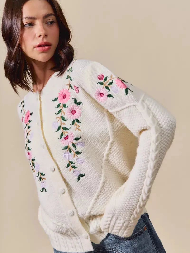 So Me Sweetly Stitched Floral Embroidered Sweater Cardigan-Women's Shirts & Tops-Shop Z & Joxa