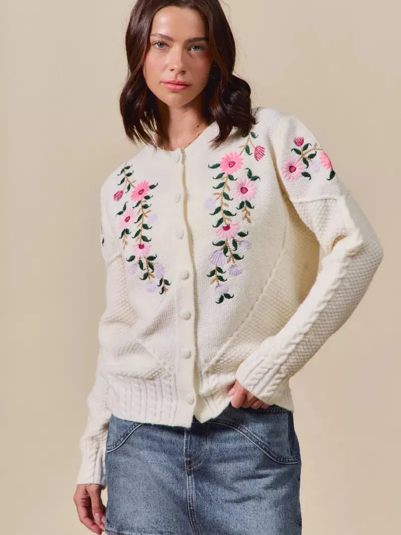 So Me Sweetly Stitched Floral Embroidered Sweater Cardigan-Women's Shirts & Tops-Shop Z & Joxa