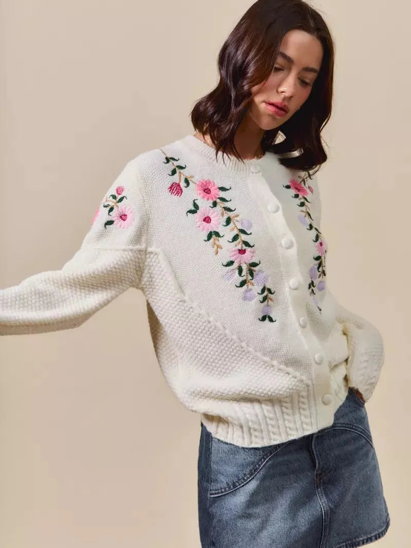 So Me Sweetly Stitched Floral Embroidered Sweater Cardigan-Women's Shirts & Tops-Shop Z & Joxa