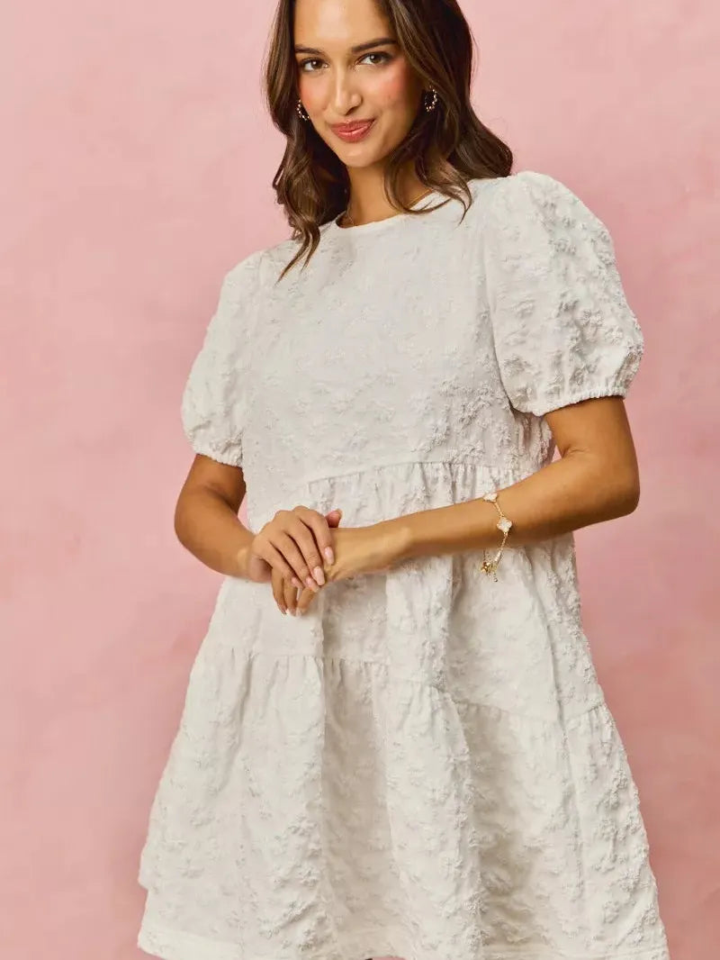 So Me Tiered Treasure Floral Jacquard Mini Dress-Women's Dresses-Shop Z & Joxa