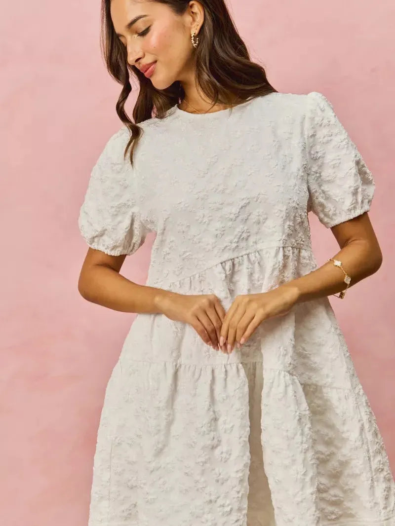 So Me Tiered Treasure Floral Jacquard Mini Dress-Women's Dresses-Shop Z & Joxa