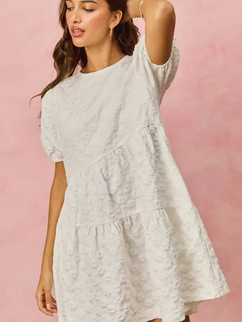 So Me Tiered Treasure Floral Jacquard Mini Dress-Women's Dresses-Shop Z & Joxa