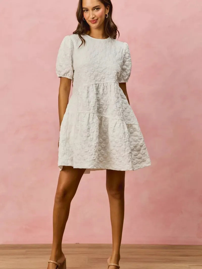 So Me Tiered Treasure Floral Jacquard Mini Dress-Women's Dresses-Shop Z & Joxa
