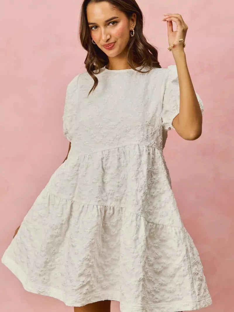 So Me Tiered Treasure Floral Jacquard Mini Dress-Women's Dresses-Shop Z & Joxa