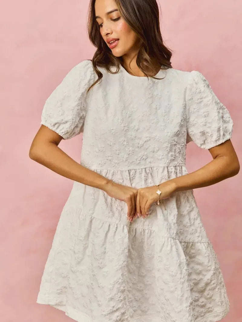 So Me Tiered Treasure Floral Jacquard Mini Dress-Women's Dresses-Shop Z & Joxa