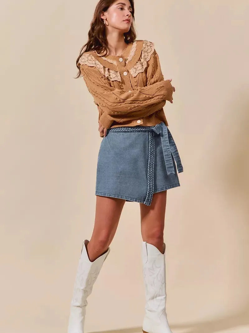 So Me Twist & Shout Wrap Braided Trimmed Wrap Denim Skort-Women's Skirts & Skorts-Shop Z & Joxa