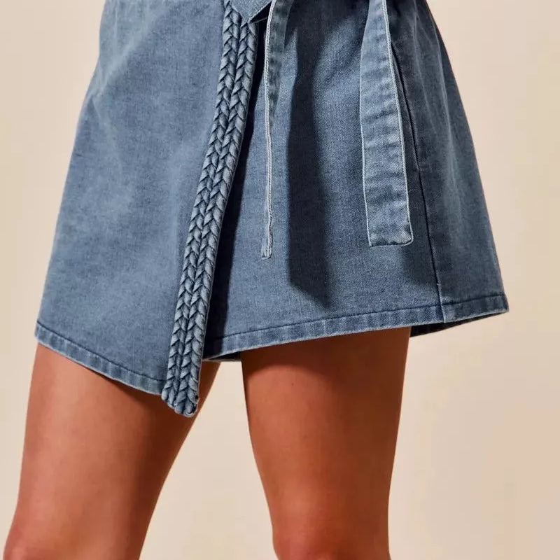 So Me Twist & Shout Wrap Braided Trimmed Wrap Denim Skort-Women's Skirts & Skorts-Shop Z & Joxa