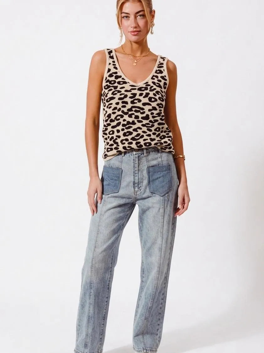 So Me Untamed Chic Leopard Knitted Lightweight V Neck Tank-Women's Shirts & Tops-Shop Z & Joxa