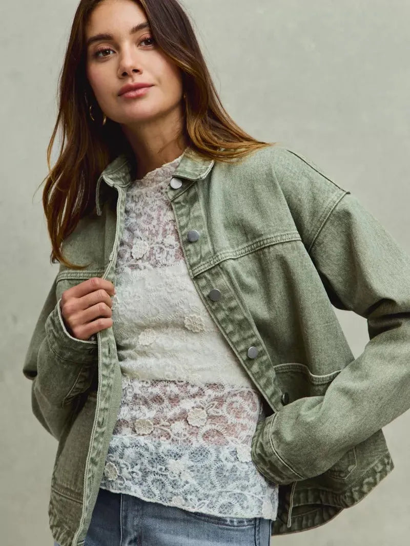 So Me Urban Trail Vintage Olive Washed Button Twill Shacket-Women's Outerwear-Shop Z & Joxa