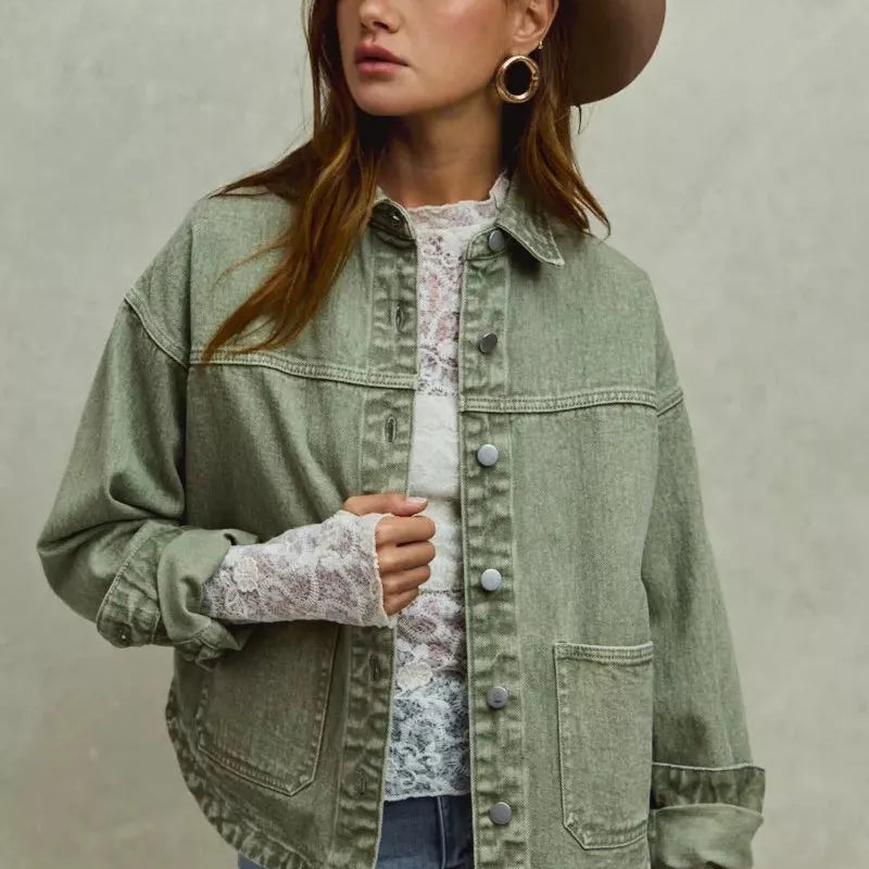 So Me Urban Trail Vintage Olive Washed Button Twill Shacket-Women's Outerwear-Shop Z & Joxa