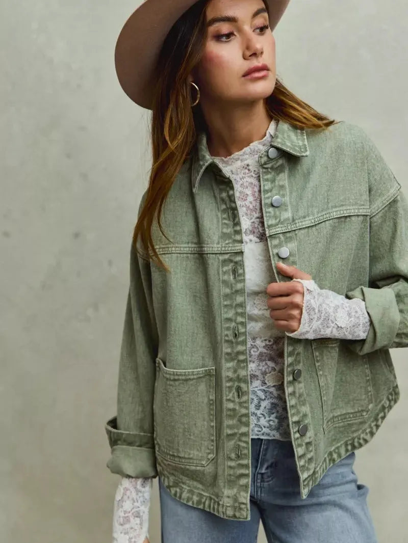 So Me Urban Trail Vintage Olive Washed Button Twill Shacket-Women's Outerwear-Shop Z & Joxa