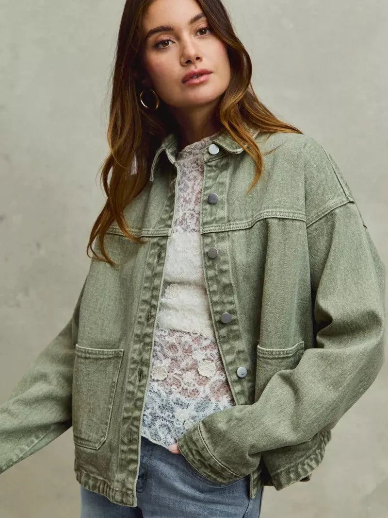 So Me Urban Trail Vintage Olive Washed Button Twill Shacket-Women's Outerwear-Shop Z & Joxa