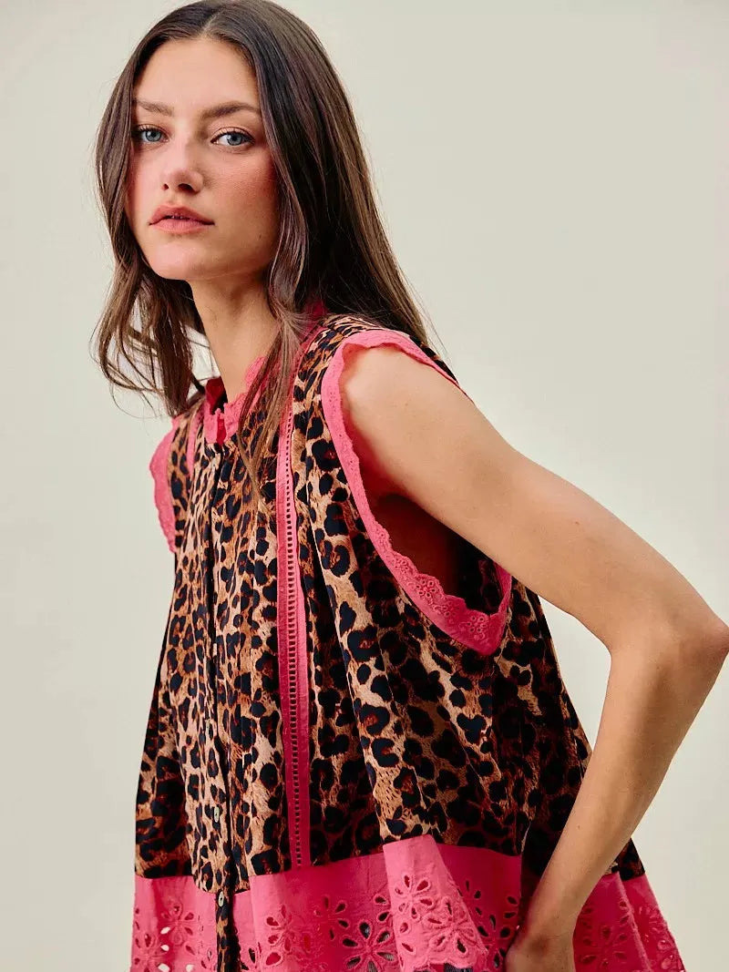 So Me Wild at Heart Leopard Print Button up Sleeveless Blouse-Women's Shirts & Tops-Shop Z & Joxa