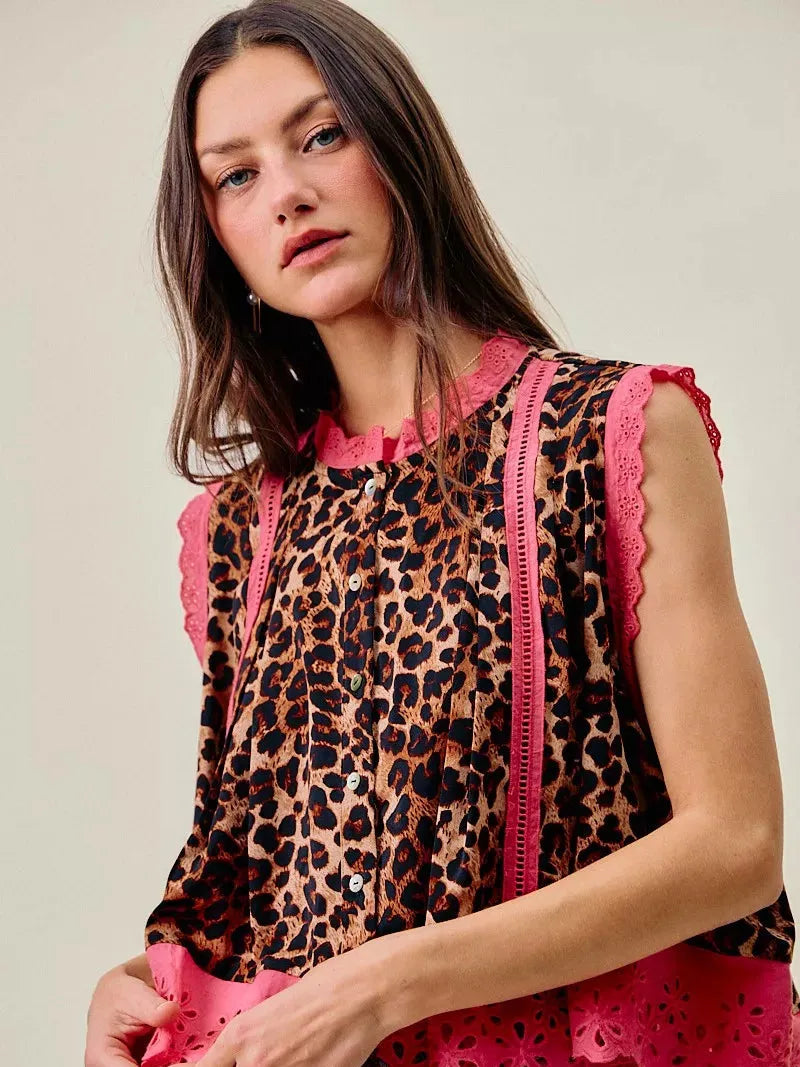 So Me Wild at Heart Leopard Print Button up Sleeveless Blouse-Women's Shirts & Tops-Shop Z & Joxa