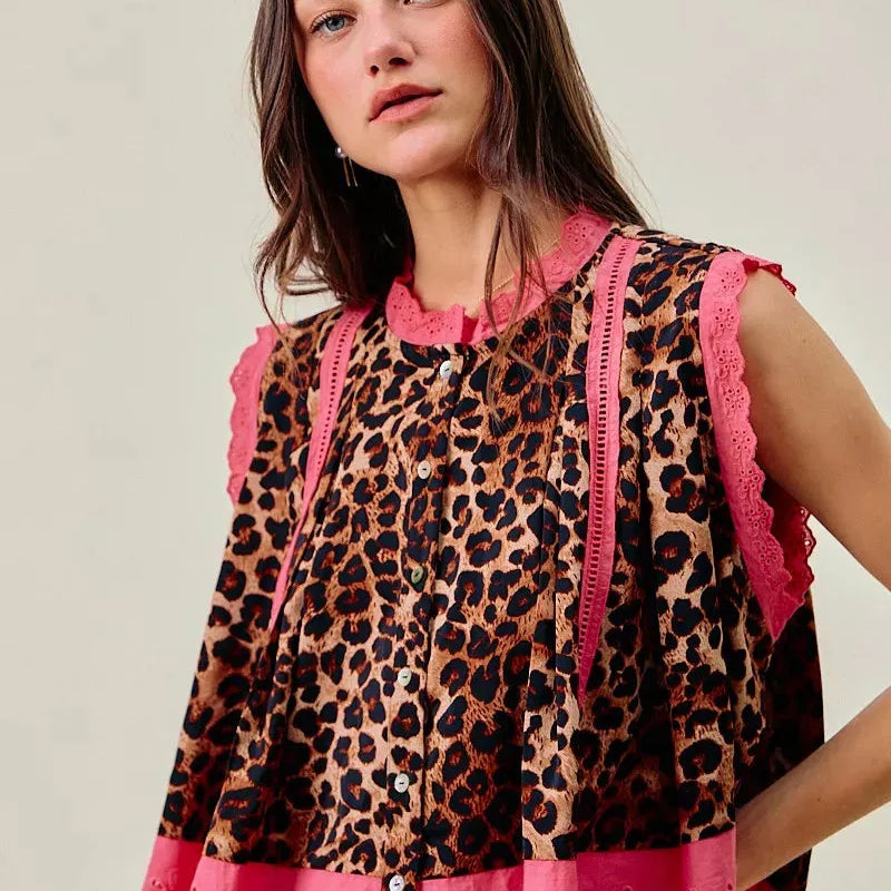 So Me Wild at Heart Leopard Print Button up Sleeveless Blouse-Women's Shirts & Tops-Shop Z & Joxa