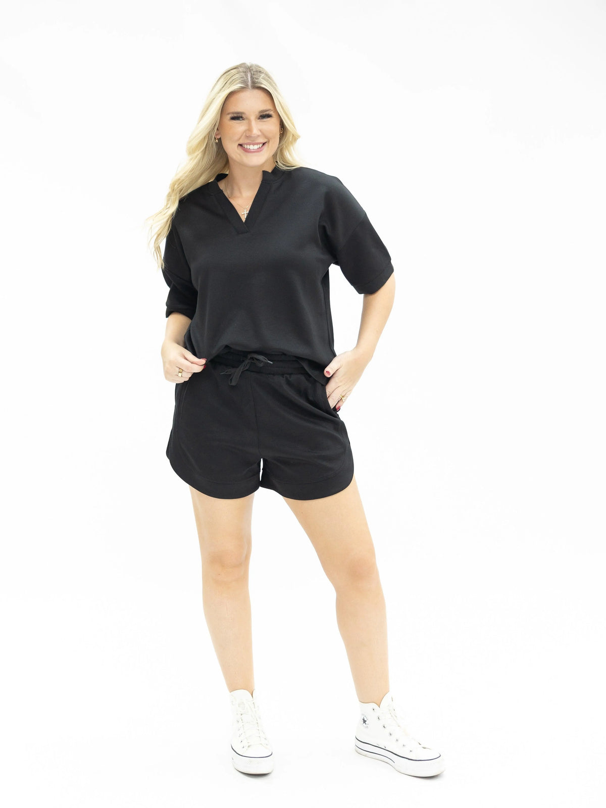 Soft Spot Butter Soft V-Neck Short Sleeve Top in Black-Ladies Tops-Shop Z & Joxa