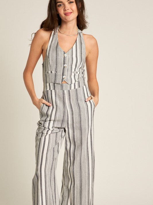 Some Girls Daydream Halter Striped Jumpsuit in Gray-Women's Jumpsuits-Shop Z & Joxa