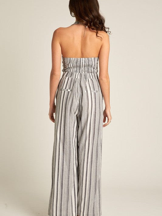 Some Girls Daydream Halter Striped Jumpsuit in Gray-Women's Jumpsuits-Shop Z & Joxa