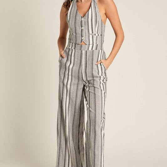 Some Girls Daydream Halter Striped Jumpsuit in Gray-Women's Jumpsuits-Shop Z & Joxa