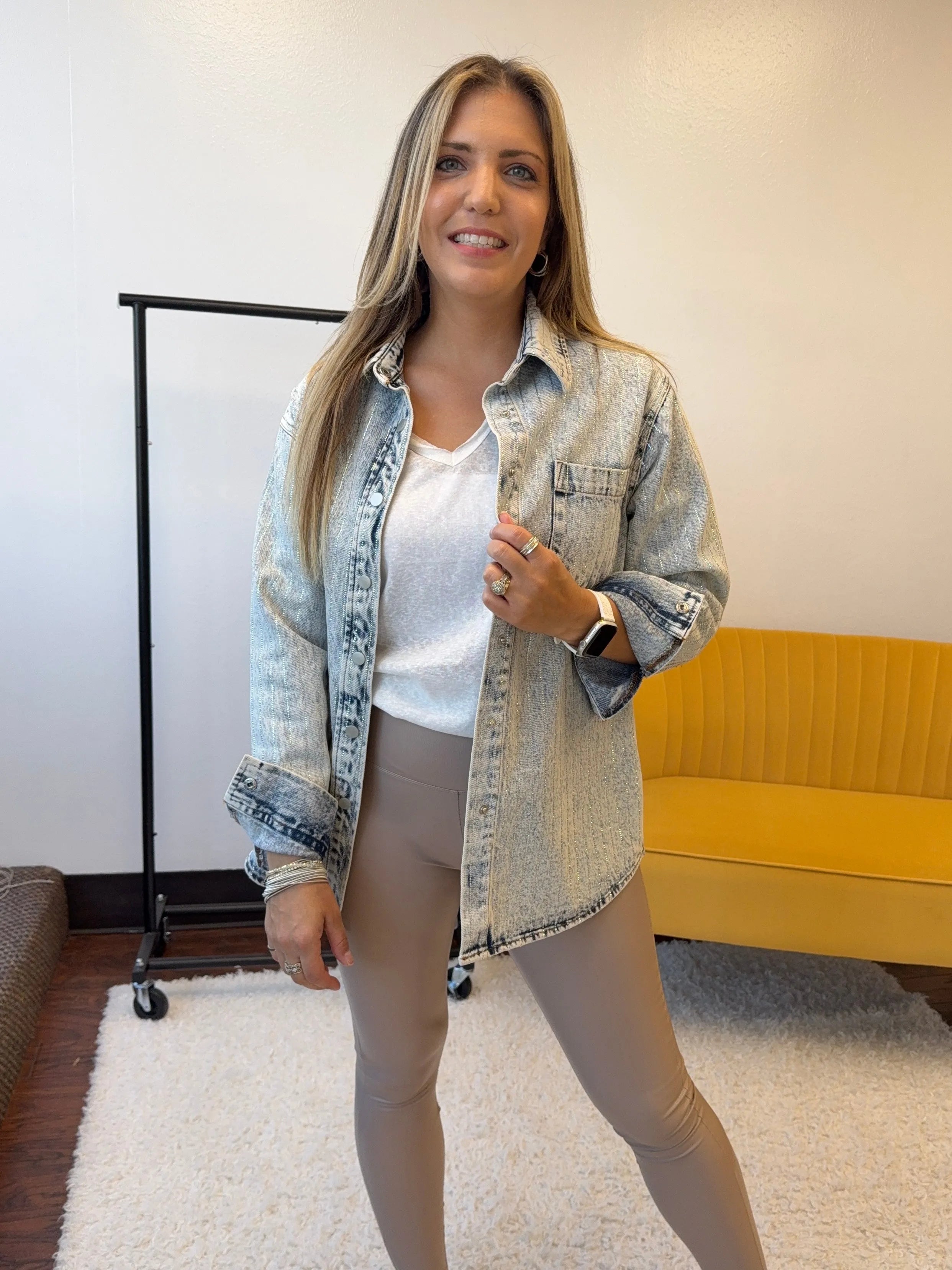 Sparkling Stones and Stripes Denim Shacket *Pre-order-Women's Outerwear-Shop Z & Joxa