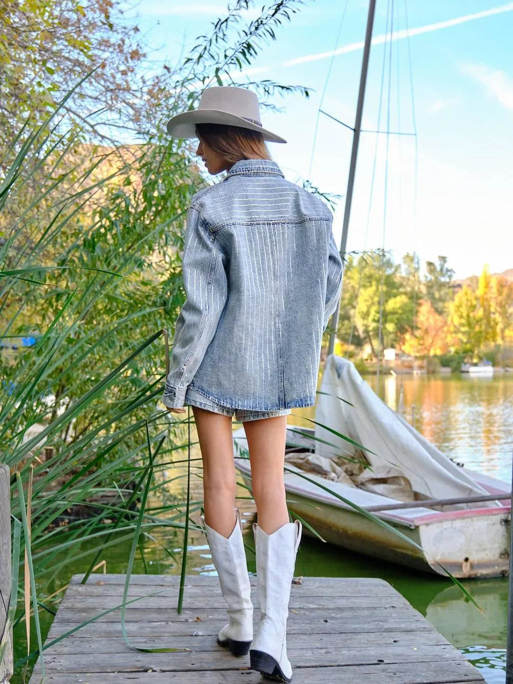 Sparkling Stones and Stripes Denim Shacket *Pre-order-Women's Outerwear-Shop Z & Joxa