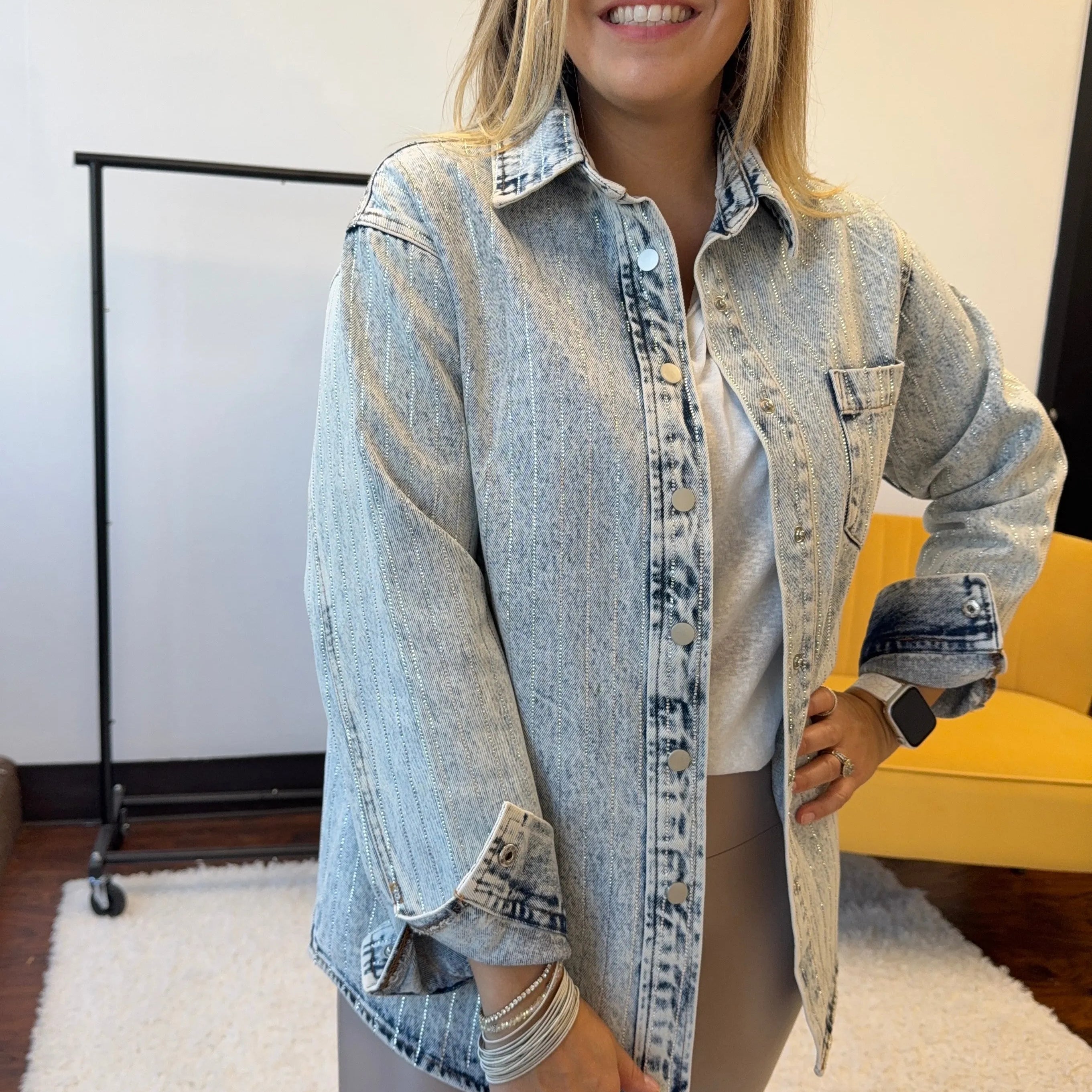 Sparkling Stones and Stripes Denim Shacket *Pre-order-Women's Outerwear-Shop Z & Joxa