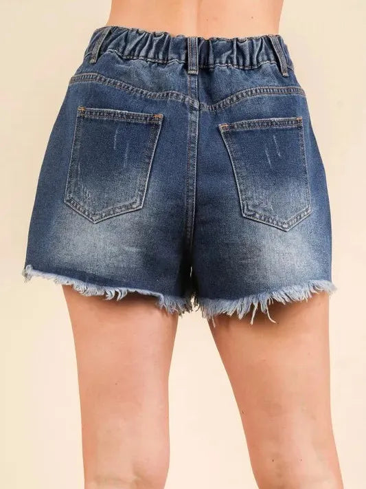 Starry Drift Distressed Raw Hem Mid-rise Shorts by Very J-Women's Shorts-Shop Z & Joxa