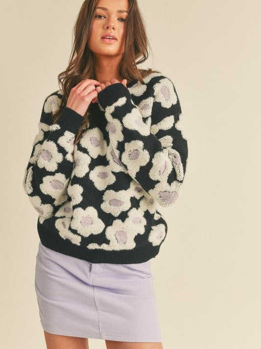 Stay Warm This Winter Textured Floral Sherpa Sweater-Women's Shirts & Tops-Shop Z & Joxa