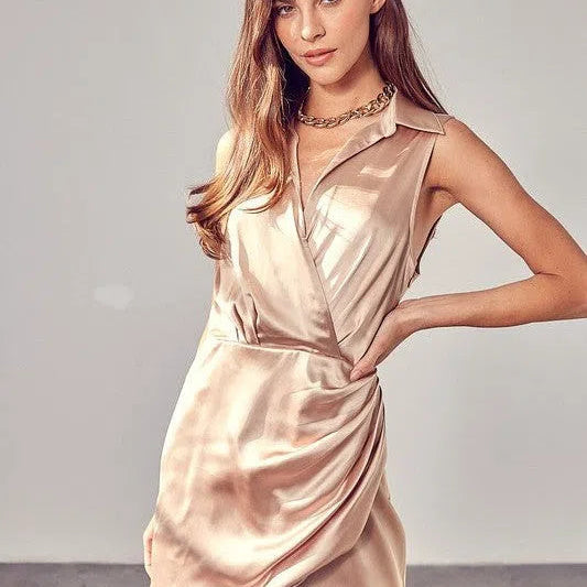 Stylish Addition Collared Wrap Champagne Satin Mini Dress-Women's Dresses-Shop Z & Joxa